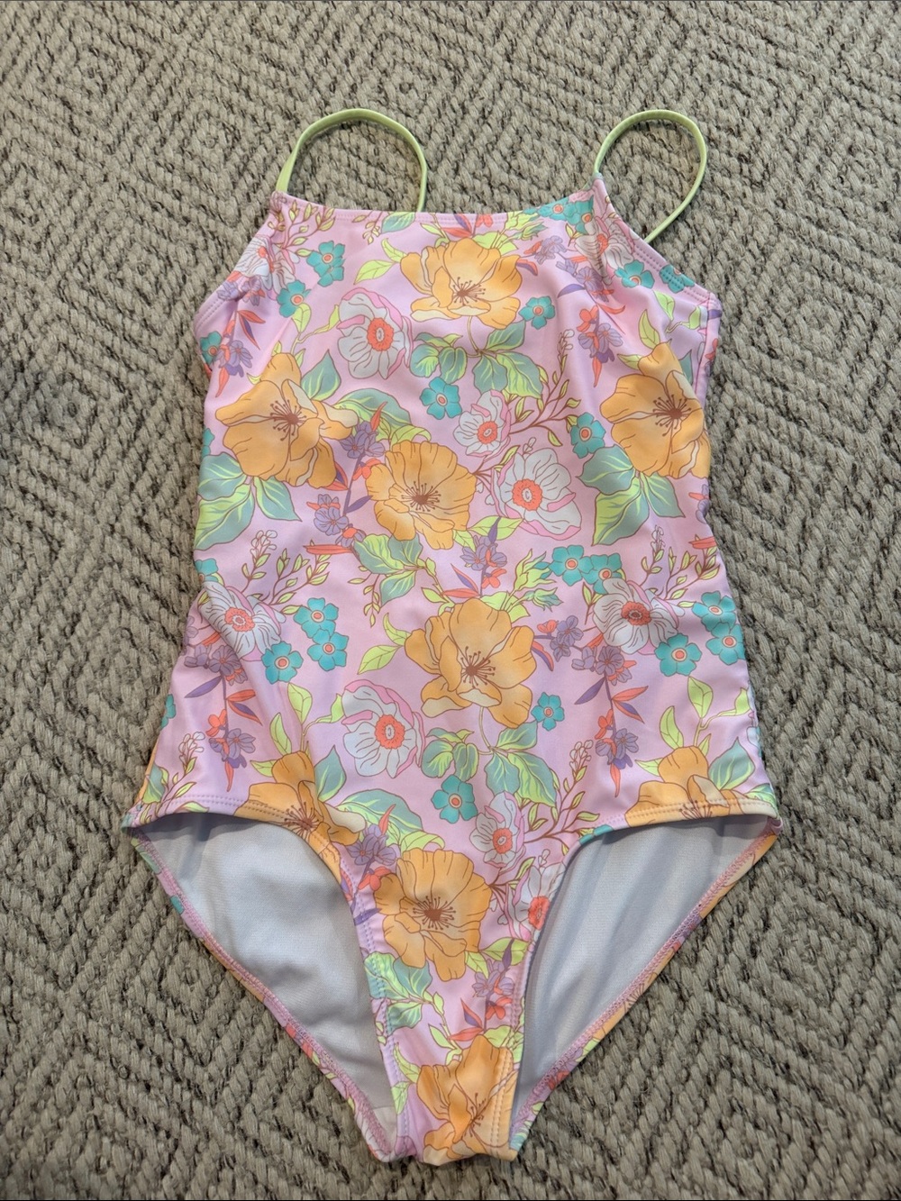 Justice Pink Floral One-Piece Swimsuit with Yellow Flowers